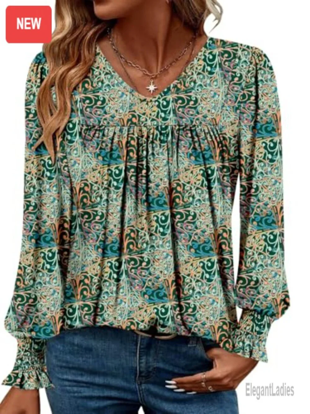 Women's Long Sleeve V-Neck Tunic Top Blouse Casual Flowy Shirt